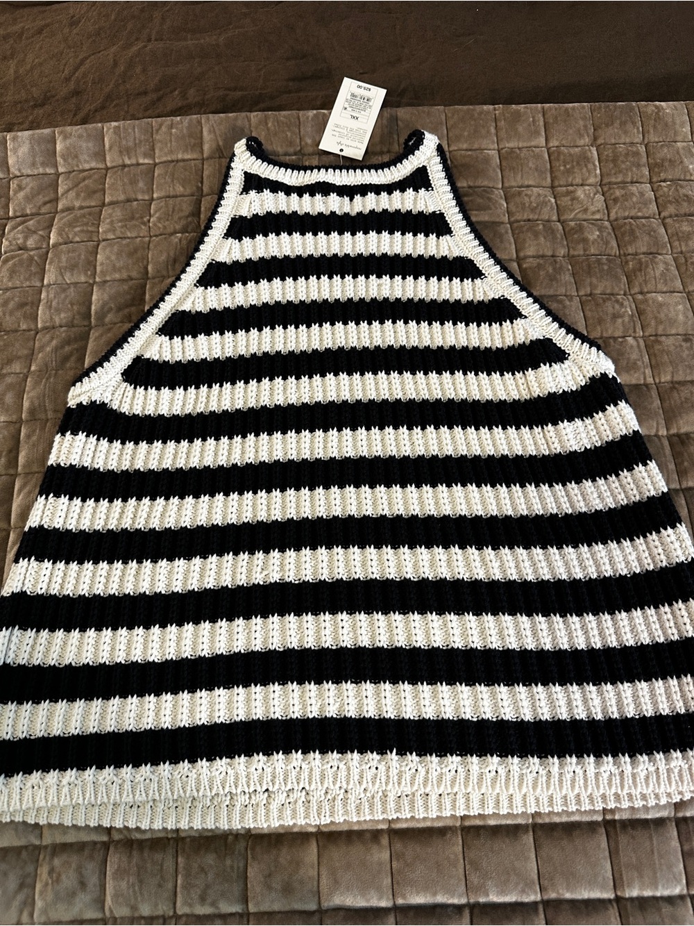 a new day Black & White Striped Crochet Halter Tank